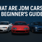 Illustration of iconic JDM cars like the Nissan Skyline, Toyota Supra, and Mazda RX-7 with a beginner-friendly guide headline.
