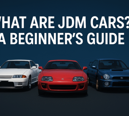Illustration of iconic JDM cars like the Nissan Skyline, Toyota Supra, and Mazda RX-7 with a beginner-friendly guide headline.