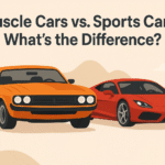 A stylized illustration of an orange muscle car and a red sports car side by side in a desert landscape with the blog title "Muscle Cars vs. Sports Cars: What’s the Difference?" above them.