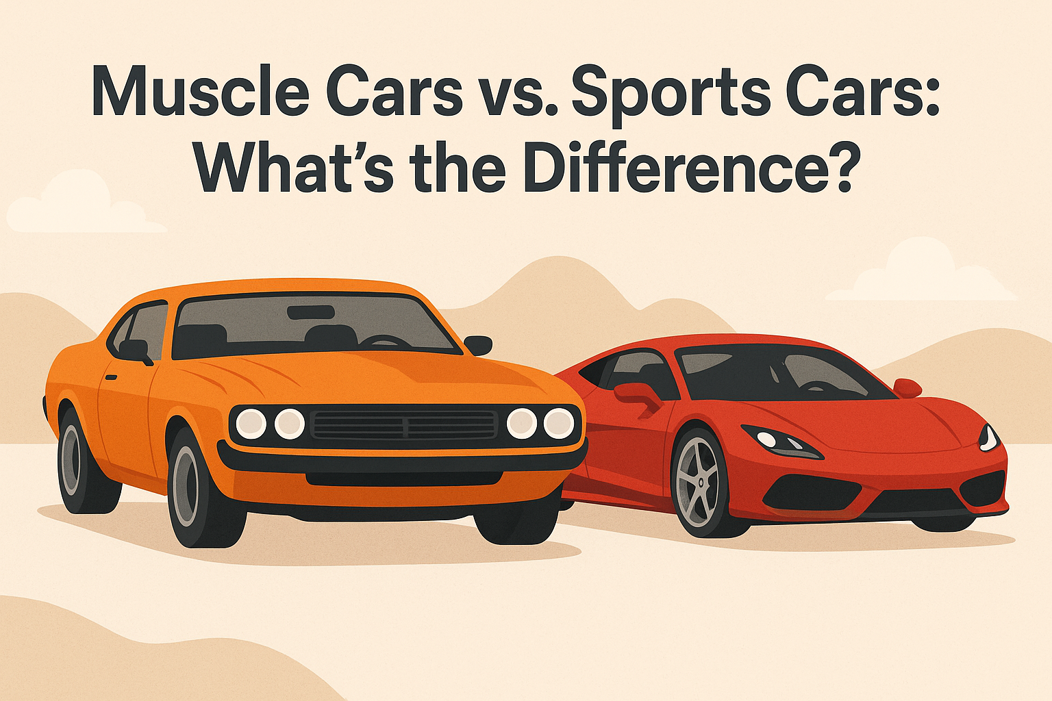 A stylized illustration of an orange muscle car and a red sports car side by side in a desert landscape with the blog title "Muscle Cars vs. Sports Cars: What’s the Difference?" above them.