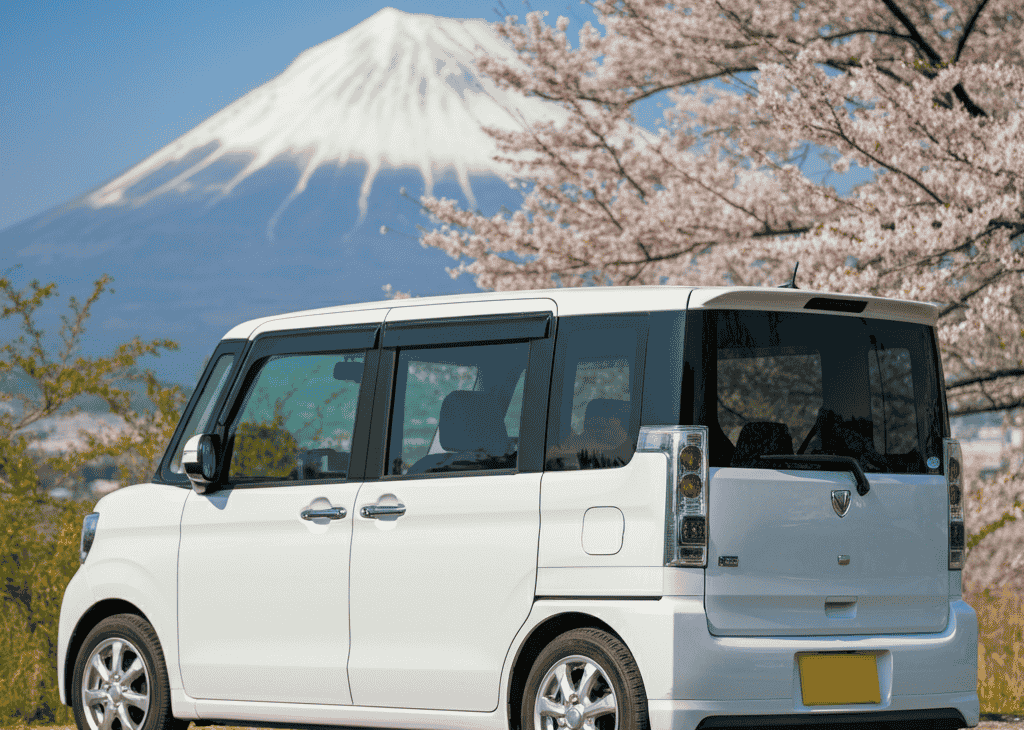 White Japanese kei car parked under cherry blossom trees with Mount Fuji in the background on a clear day. Cars From Japan