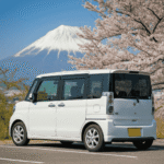 White Japanese kei car parked under cherry blossom trees with Mount Fuji in the background on a clear day. Cars From Japan