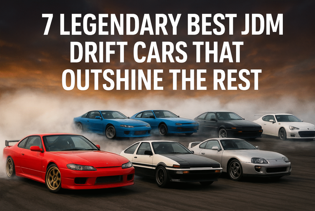 Seven iconic Best JDM drift cars, including Nissan Silvia S15, Toyota AE86, and Toyota Supra, drifting on a smoky track under a dramatic sunset sky with bold title text overlay.