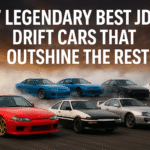 Seven iconic Best JDM drift cars, including Nissan Silvia S15, Toyota AE86, and Toyota Supra, drifting on a smoky track under a dramatic sunset sky with bold title text overlay.