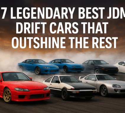 Seven iconic Best JDM drift cars, including Nissan Silvia S15, Toyota AE86, and Toyota Supra, drifting on a smoky track under a dramatic sunset sky with bold title text overlay.