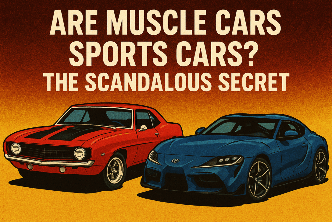Retro-styled illustration showing a red classic muscle car beside a sleek blue modern sports car, with the headline “Are Muscle Cars Sports Cars? The Scandalous Secret.”