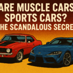 Retro-styled illustration showing a red classic muscle car beside a sleek blue modern sports car, with the headline “Are Muscle Cars Sports Cars? The Scandalous Secret.”
