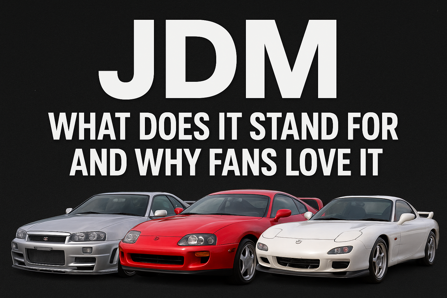 "JDM What Does It Stand For and Why Fans Love It – featuring Nissan Skyline GT-R R34, Toyota Supra MK4, and Mazda RX-7 FD."