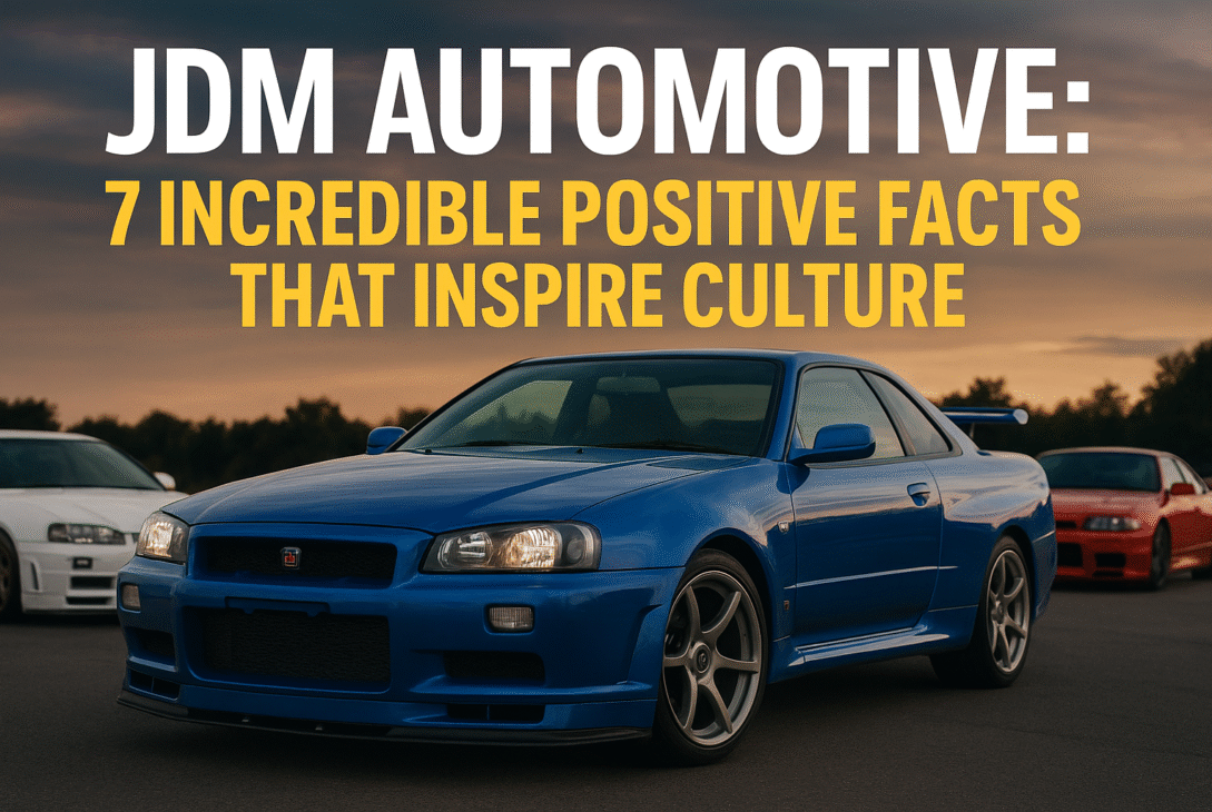 “Blue Nissan Skyline GT-R R34 with JDM cars lineup at sunset representing JDM Automotive culture”