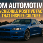 “Blue Nissan Skyline GT-R R34 with JDM cars lineup at sunset representing JDM Automotive culture”