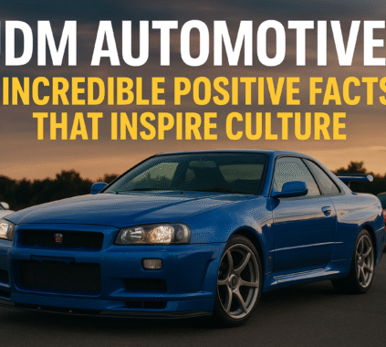 “Blue Nissan Skyline GT-R R34 with JDM cars lineup at sunset representing JDM Automotive culture”