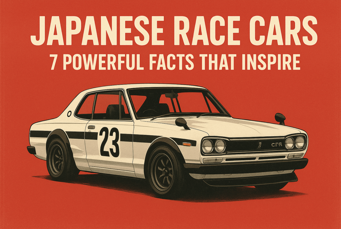 Illustration of a classic Nissan Skyline GT-R Japanese race car with the title “Japanese Race Cars: 7 Powerful Facts That Inspire” on a retro red background.