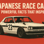 Illustration of a classic Nissan Skyline GT-R Japanese race car with the title “Japanese Race Cars: 7 Powerful Facts That Inspire” on a retro red background.