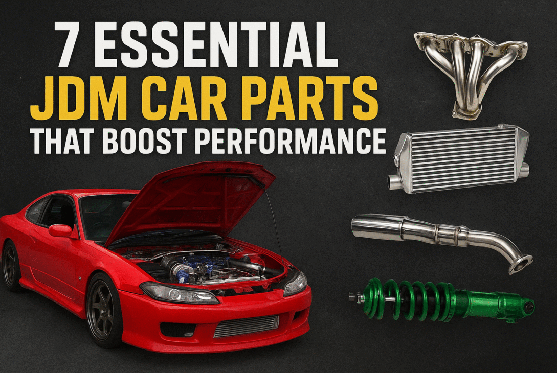 "Red JDM sports car with hood open showcasing performance upgrades alongside essential JDM car parts including turbo, intercooler, exhaust, and coilover suspension."