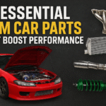 "Red JDM sports car with hood open showcasing performance upgrades alongside essential JDM car parts including turbo, intercooler, exhaust, and coilover suspension."