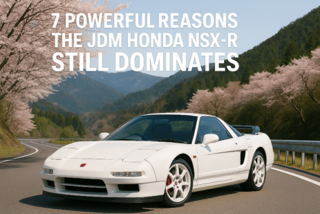 White JDM Honda NSX-R on a winding Japanese mountain road with cherry blossoms, featured in blog title 7 Powerful Reasons the JDM Honda NSX-R Still Dominates.