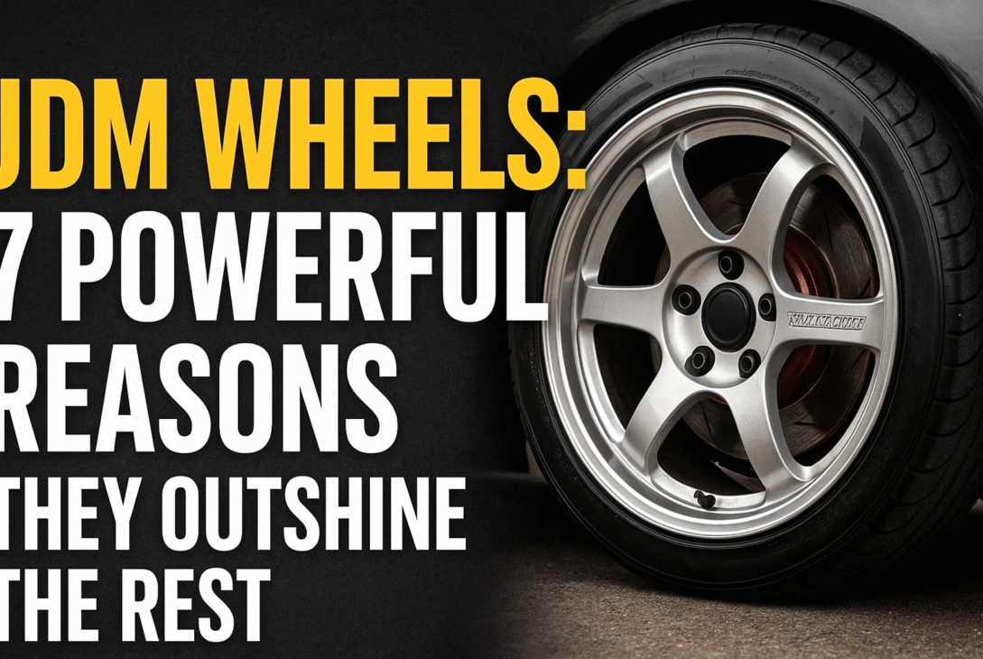 Close-up of a silver JDM wheels with bold text reading “JDM Wheels: 7 Powerful Reasons They Outshine the Rest” on a dark background.