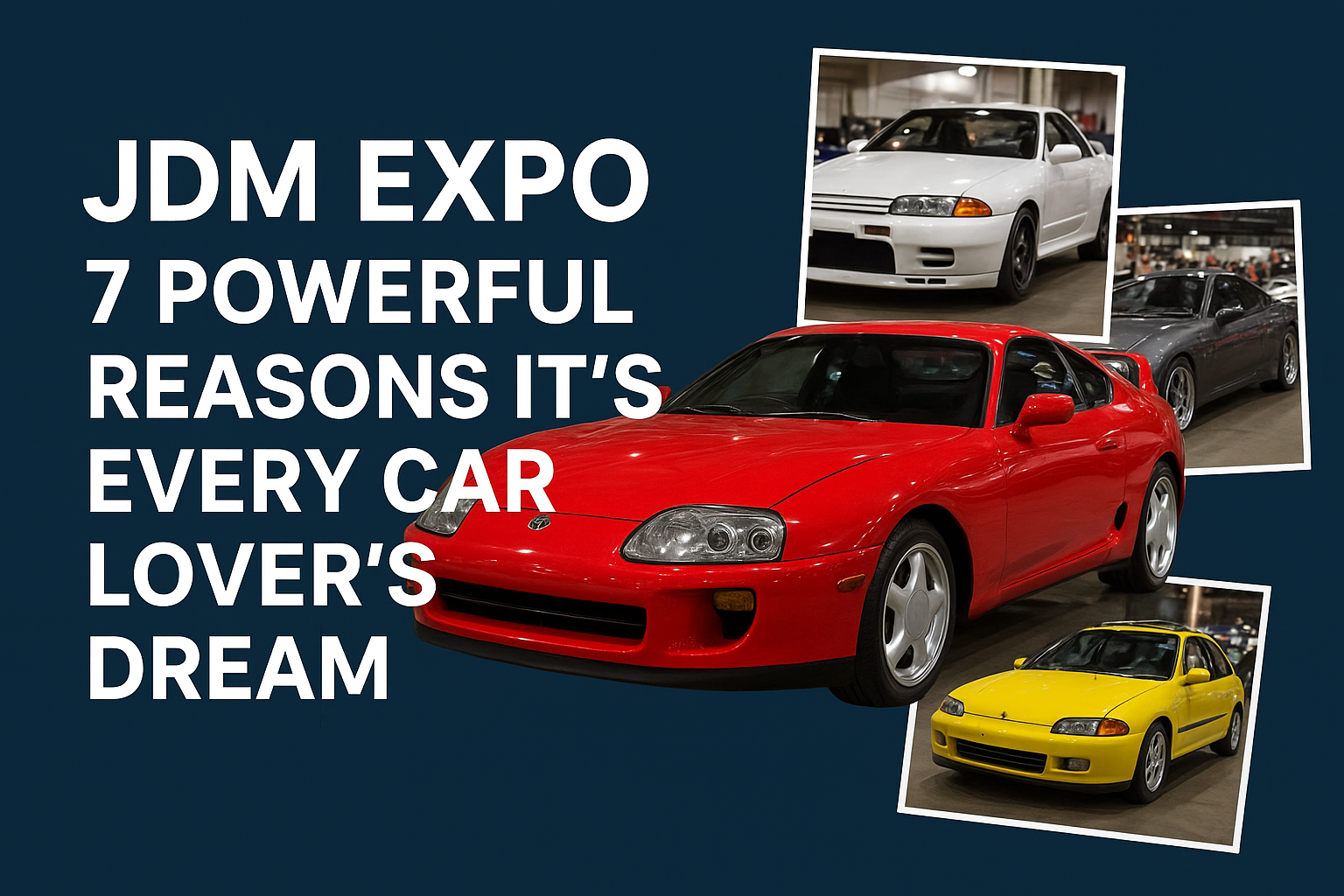 Promotional graphic for JDM EXPO featuring bold white text on a dark blue background, a red Toyota Supra as the centerpiece, and smaller Polaroid-style images of a white Nissan Skyline R32 GT-R, a silver Nissan Silvia S15, and a yellow Honda Civic EG hatchback