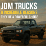 Classic Toyota Hilux JDM truck parked on a scenic dirt road at sunset with bold text overlay highlighting reasons why JDM trucks are a powerful choice.