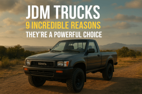 Classic Toyota Hilux JDM truck parked on a scenic dirt road at sunset with bold text overlay highlighting reasons why JDM trucks are a powerful choice.