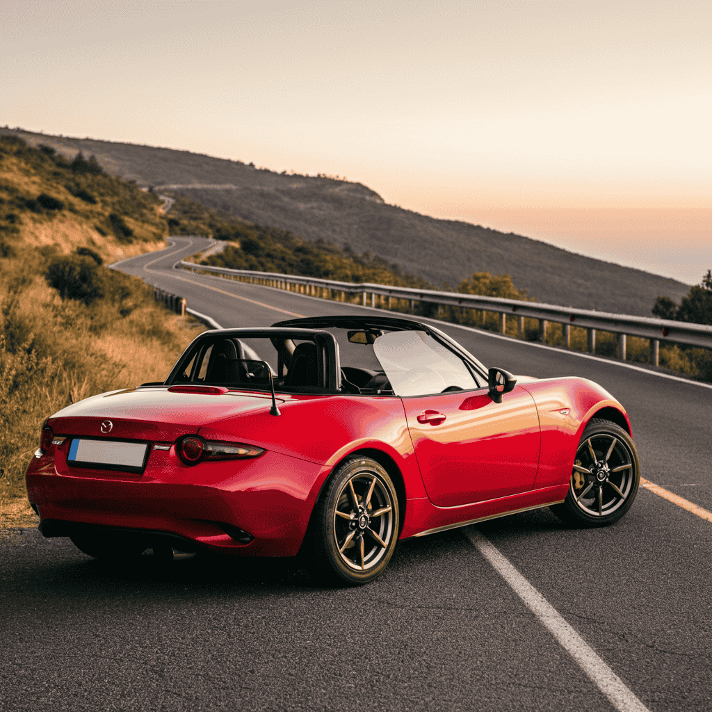 A classic red Mazda MX-5 Miata parked on a scenic road at sunset, representing the sports car segment in the debate “Are Muscle Cars Sports Cars?”