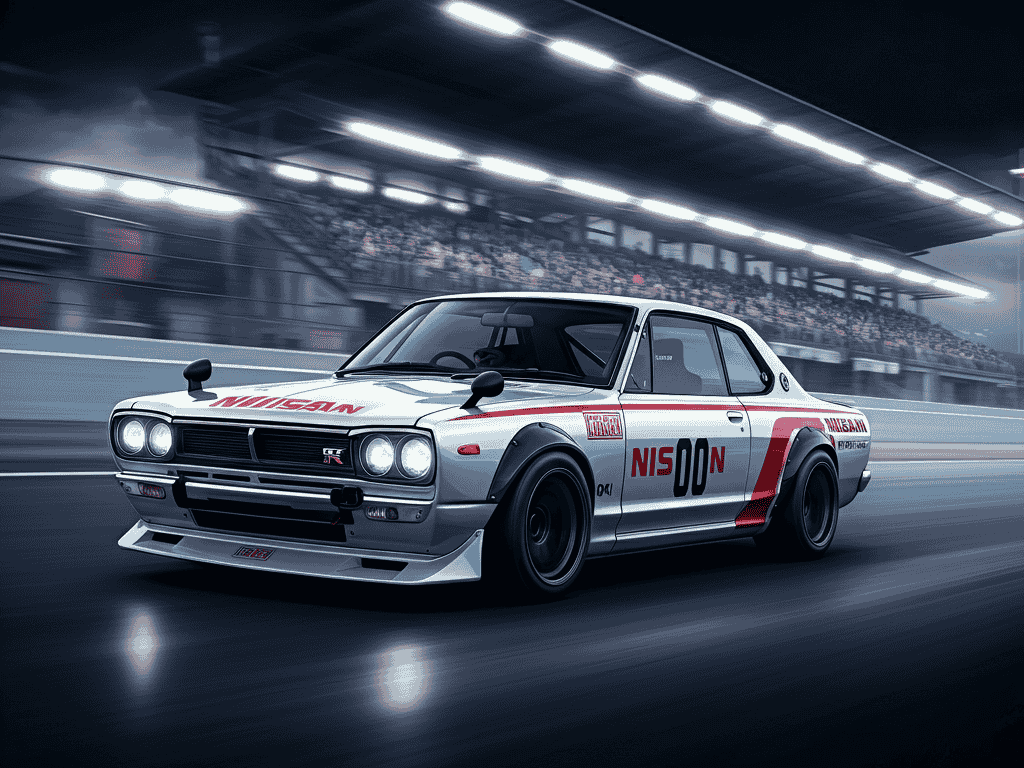 Nissan Skyline GT-R Group A touring car racing alongside the Datsun 510, highlighting Japanese race cars in global motorsport.
