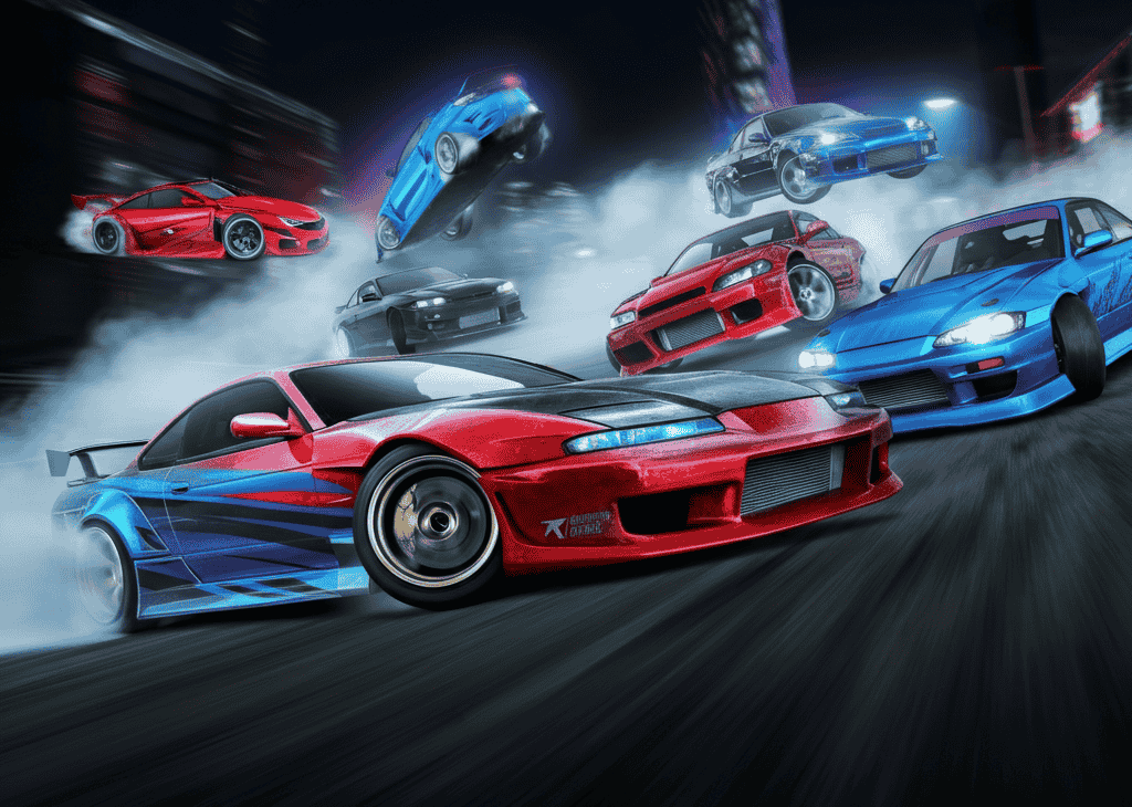 A professional Drift Master executing a high-speed drift on a race track, showcasing precision control, tire smoke, and jaw-dropping angles.