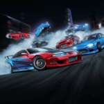 A professional Drift Master executing a high-speed drift on a race track, showcasing precision control, tire smoke, and jaw-dropping angles.