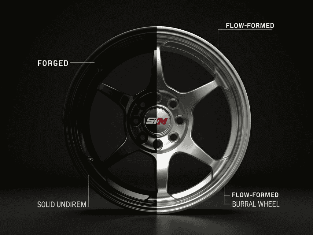 Comparison of forged and flow-formed JDM wheels highlighting the difference in construction.
