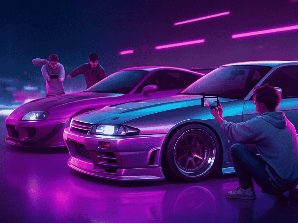 Gen-Z car enthusiasts filming JDM cars at a meet for social media”
