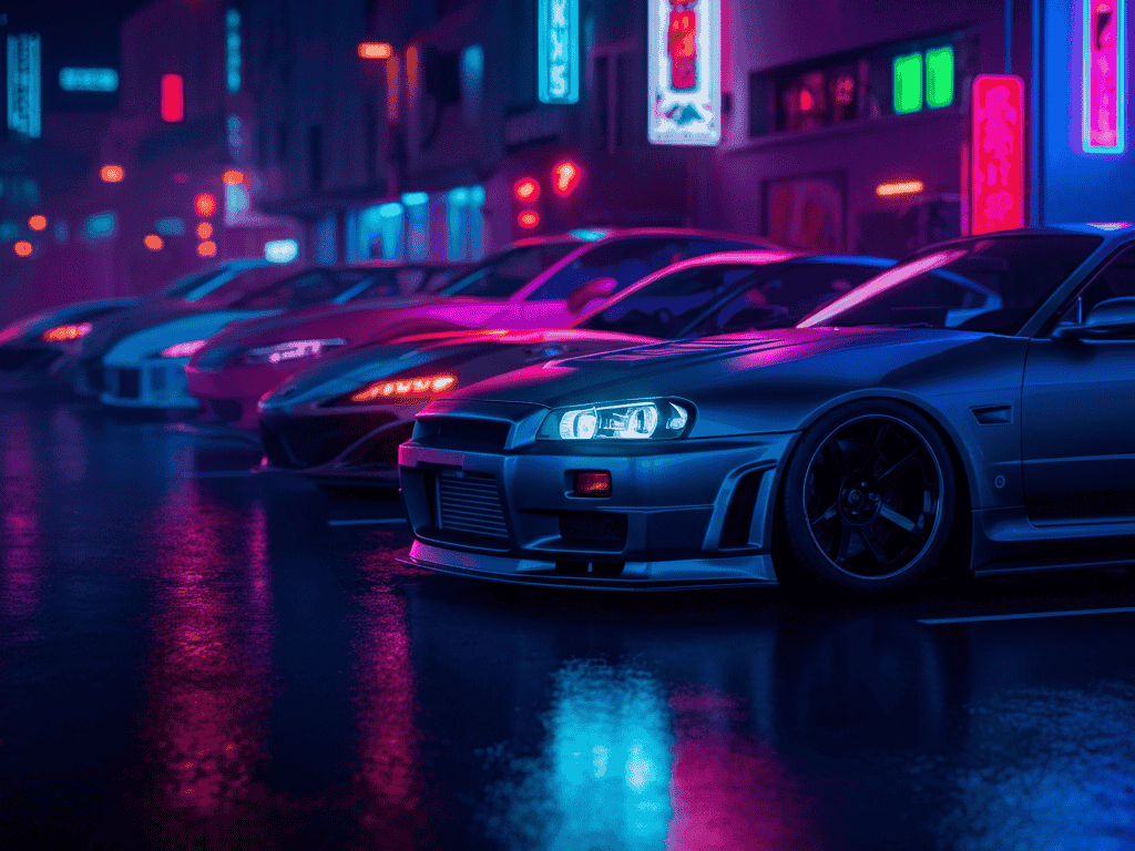 Lineup of iconic JDM automotive cars including Nissan Skyline, Toyota Supra, and Honda NSX at a car meet”