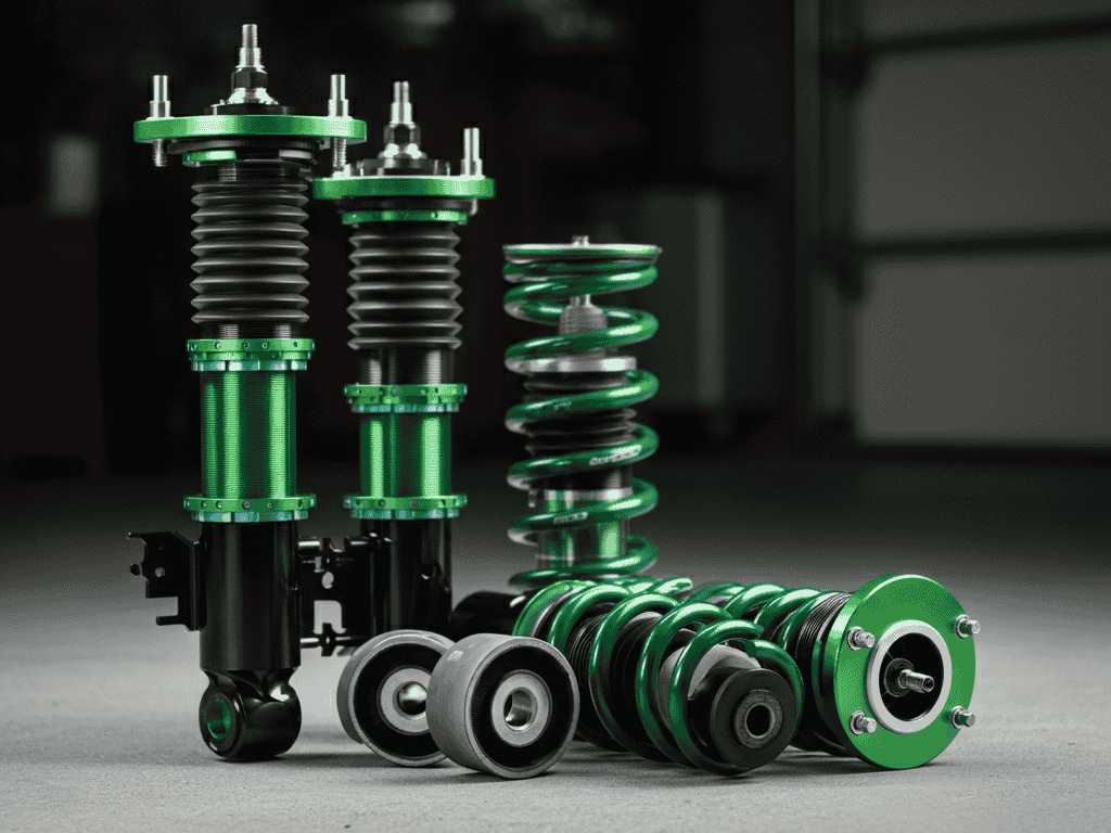 "Set of high-performance JDM coilovers with adjustable settings and suspension bushings."