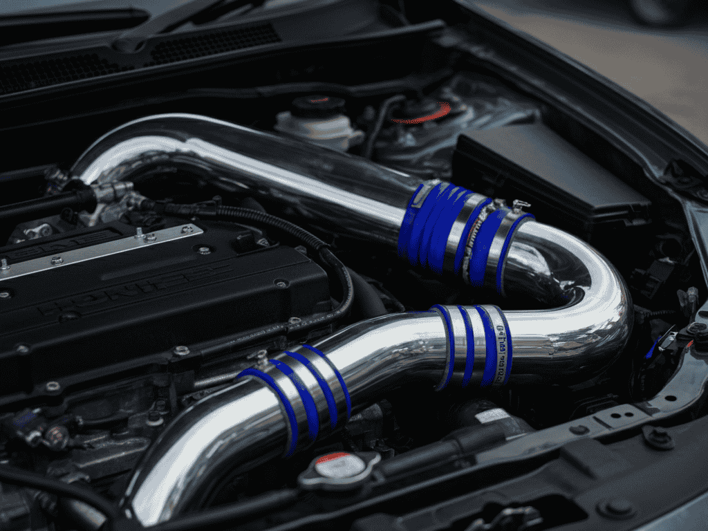 "High-performance JDM cold air intake installed on a Honda Civic engine bay."