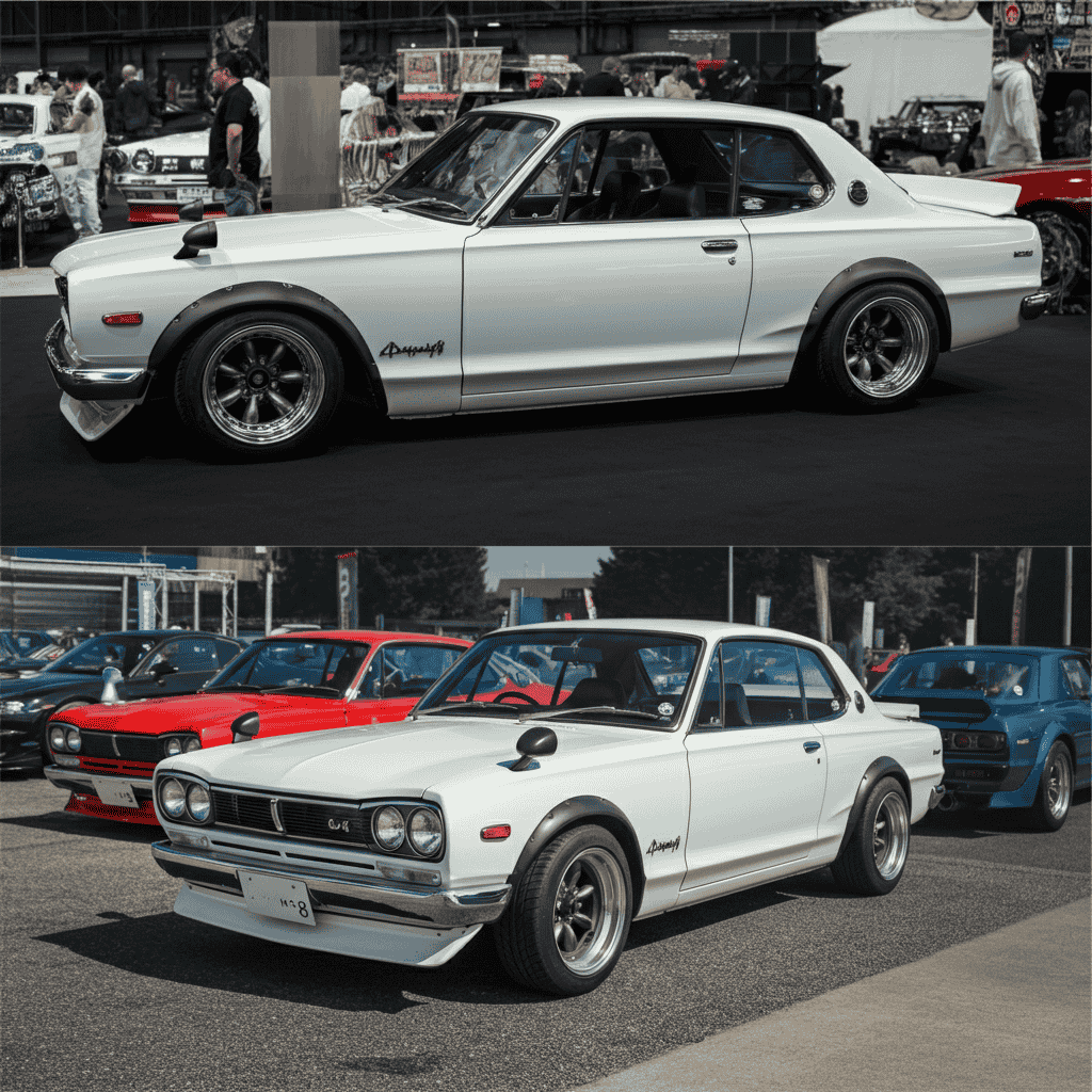 Pristine Nissan Skyline GT-R showcased at a collector car auction, reflecting the rising value of Japanese race cars.