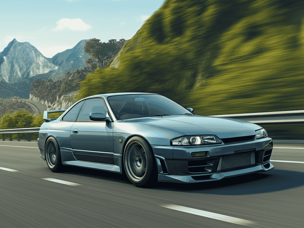 "JDM sports car driving through Japanese mountain pass"