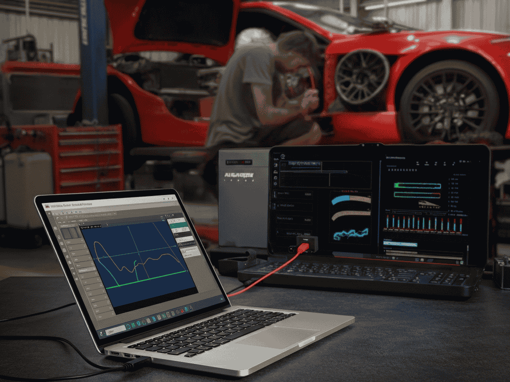 "ECU tuning process with laptop connected to a JDM car for performance mapping."