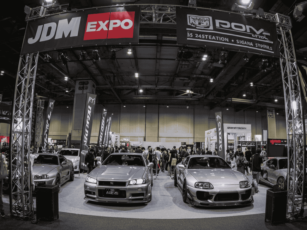 Entrance of JDM Expo showcasing authentic Japanese performance cars