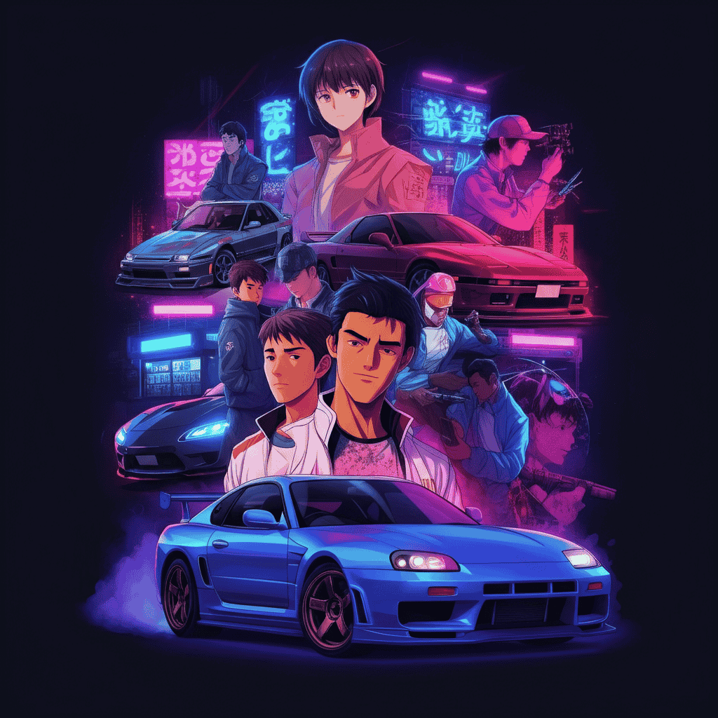 Collage of Japanese race car legends including Supra, Skyline, RX-7, and NSX with drifting and racing culture elements.