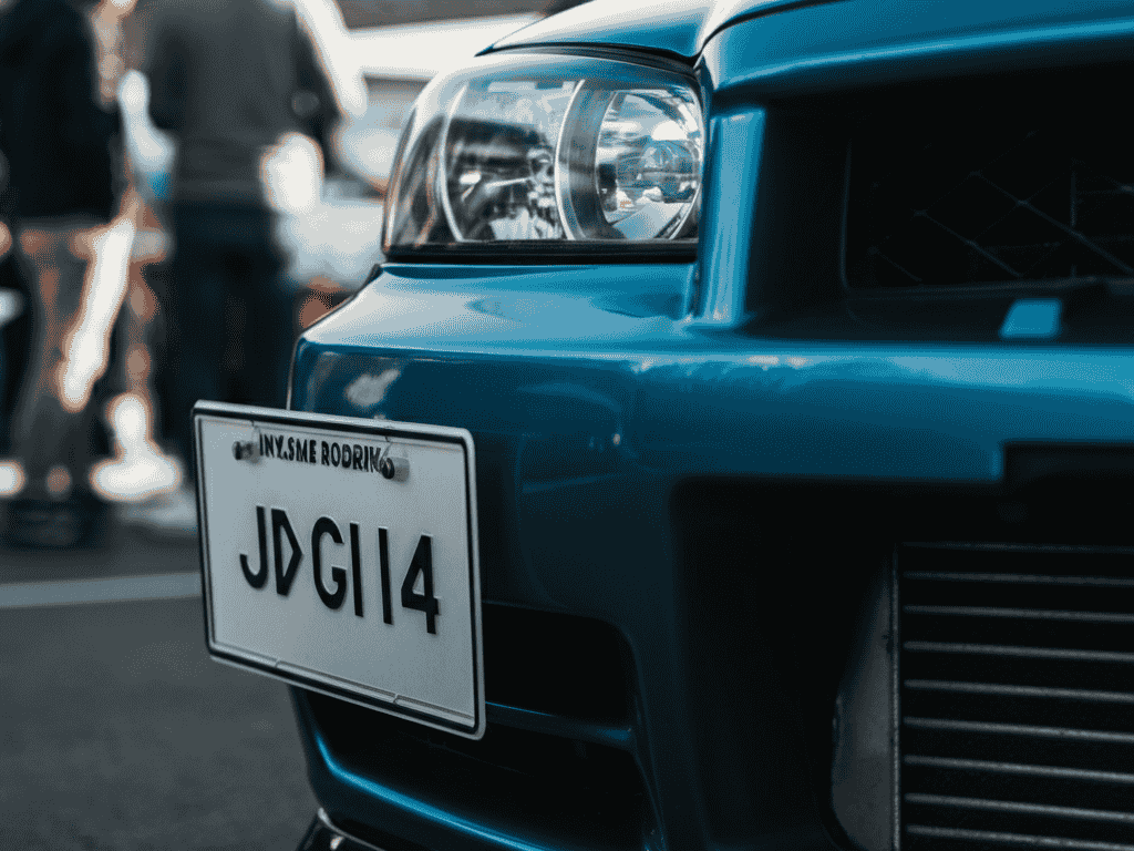 “Close-up of JDM license plate on a right-hand drive Nissan Skyline”