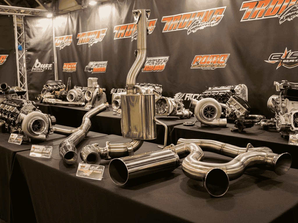 “Display of HKS, Tomei, and Nismo JDM aftermarket performance parts”