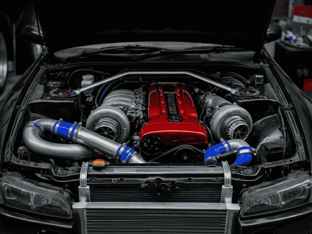 "Upgraded JDM turbocharger and large front-mount intercooler installed on a performance engine."