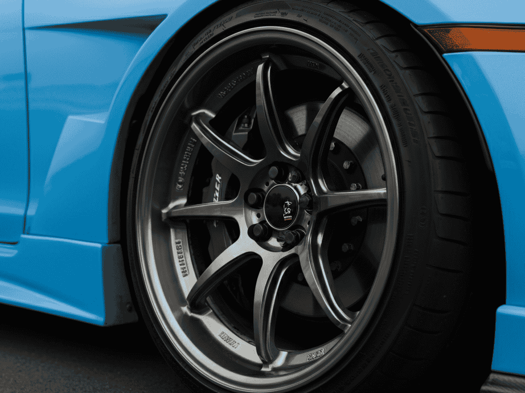 High-performance JDM wheels on a modified car showing detailed spoke design and lightweight construction.”