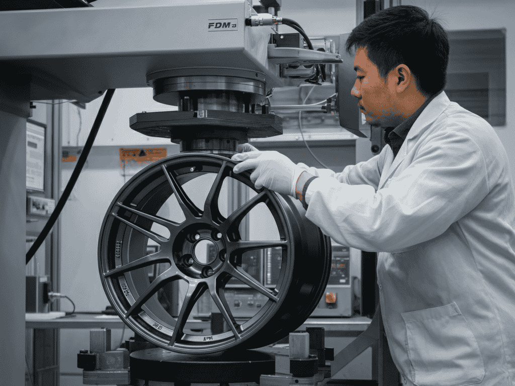 Wheel stress tests being conducted on a JDM wheel in a lab environment.