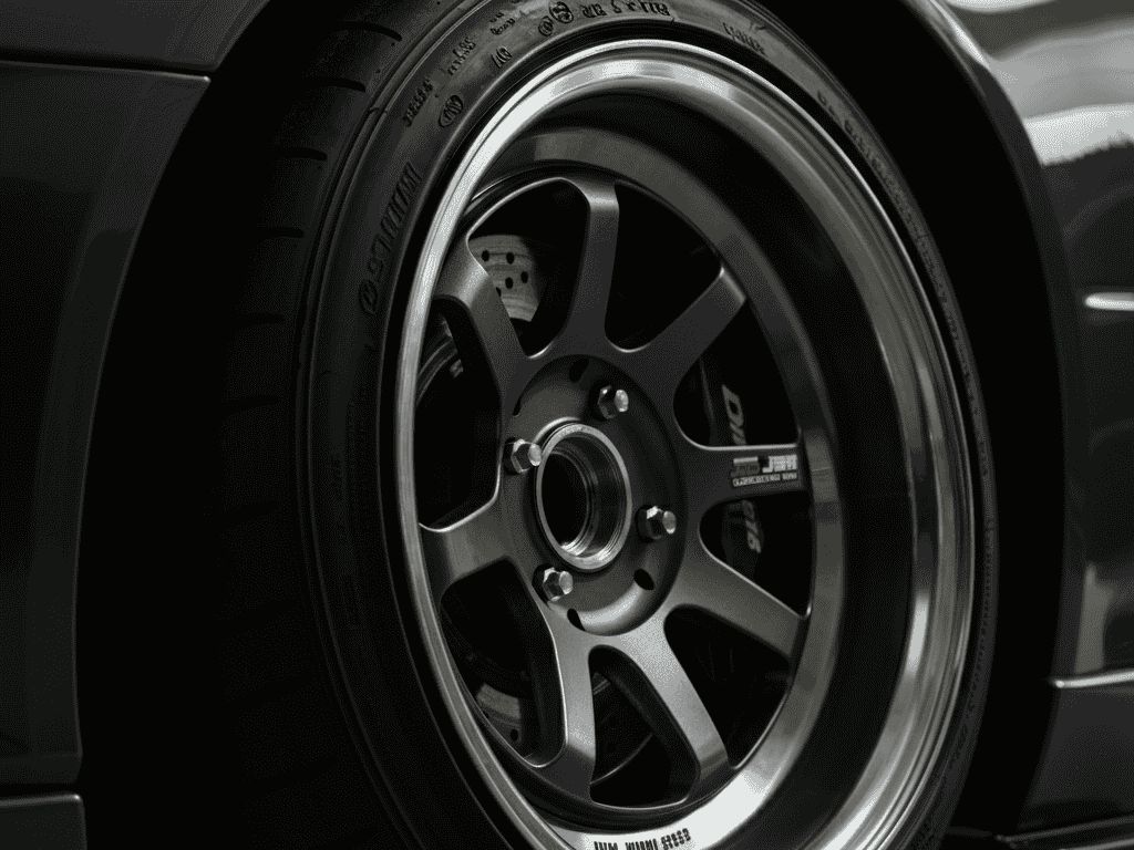 Close-up of a tire mounted on a JDM wheel showing the knurling and bead-seat design.