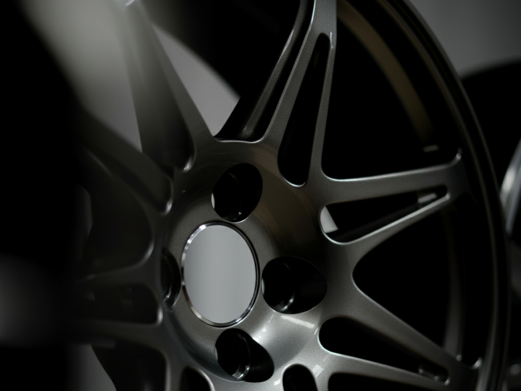 Detail shot of a JDM wheel with engraved brand logo and precision-machined finish.