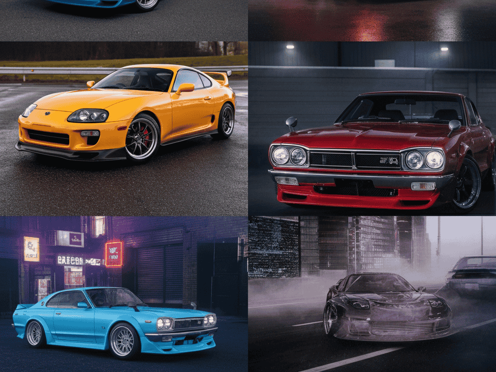Collage of legendary Old Japanese Cars including Supra, Skyline, and RX-7