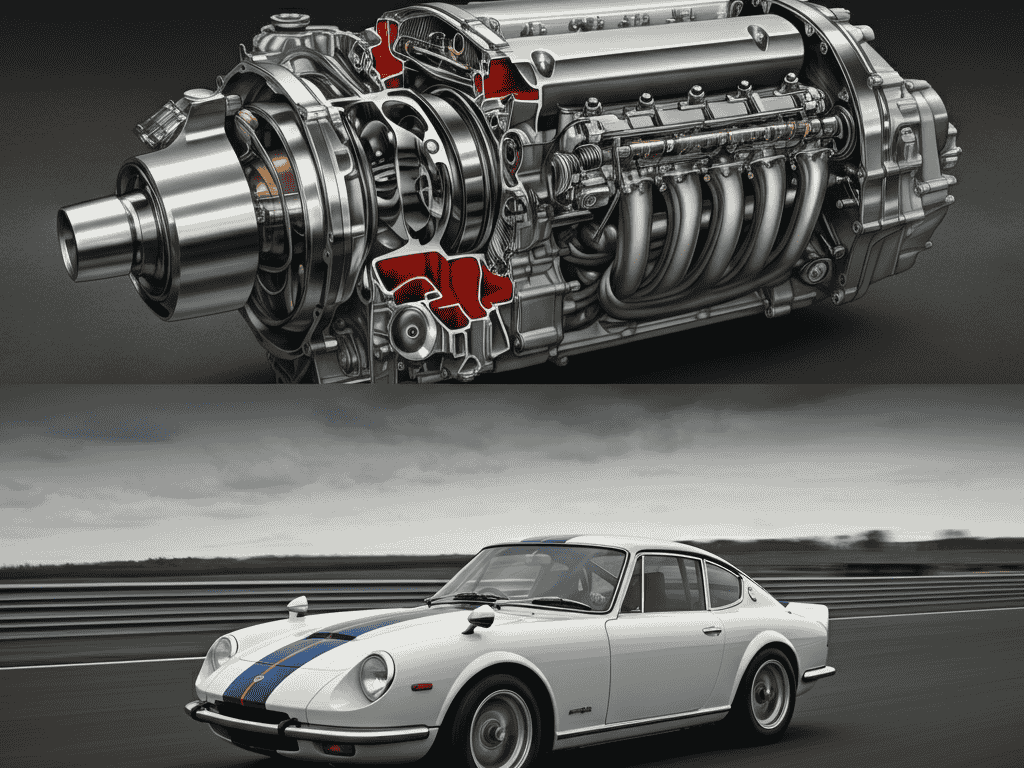 Close-up of a Mazda rotary engine beside a classic Toyota 2000GT, showcasing lightweight Japanese race car engineering.