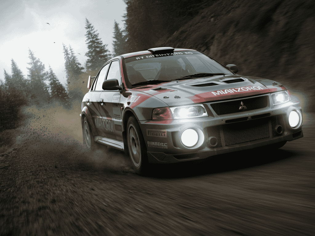 “Mitsubishi Lancer Evo VI rally car on gravel, Old Japanese Car legend”