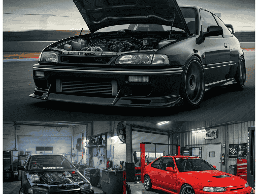 Modified Honda Civic B-series and Nissan Silvia drift car inside a garage workshop, representing Japanese tuning culture.
