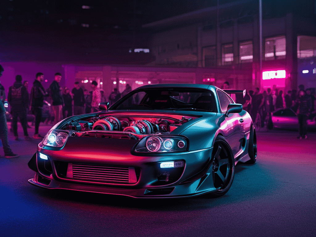 “Modified 1990s Toyota Supra with aftermarket body kit and turbo upgrades”